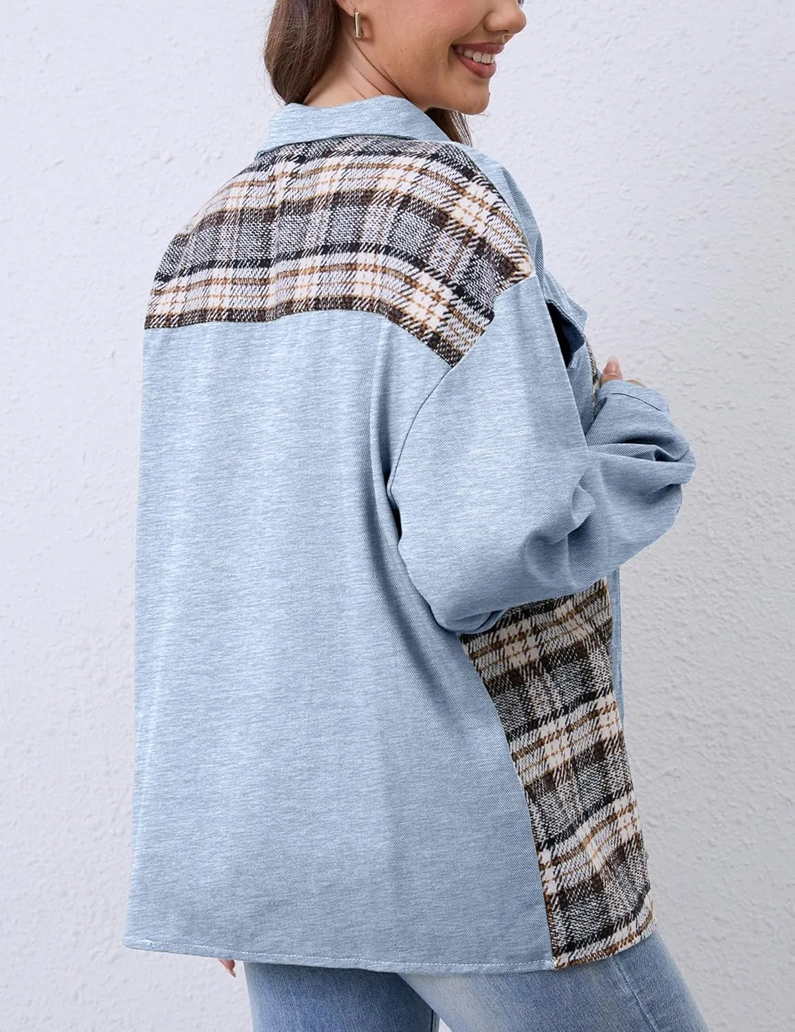 WROLEM Women Shackets Denim Plaid Jacket