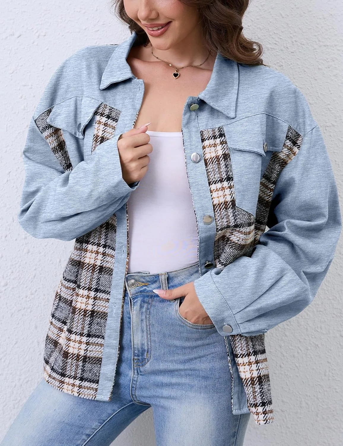 WROLEM Women Shackets Denim Plaid Jacket