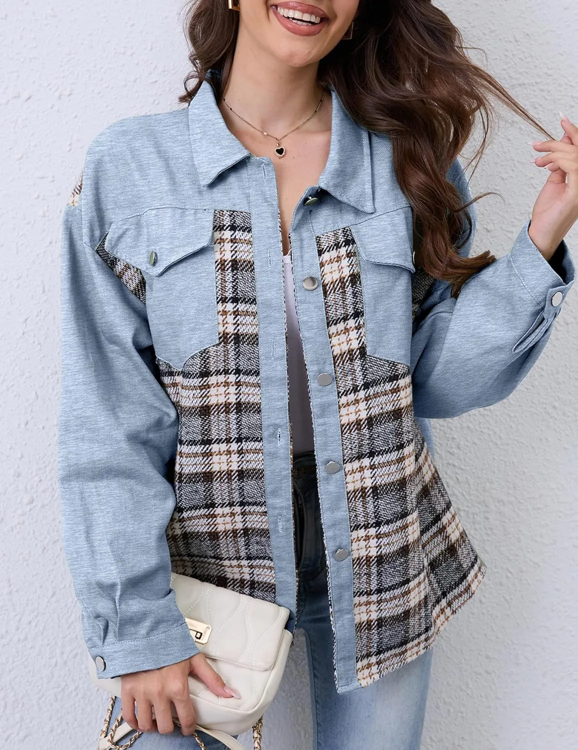 WROLEM Women Shackets Denim Plaid Jacket
