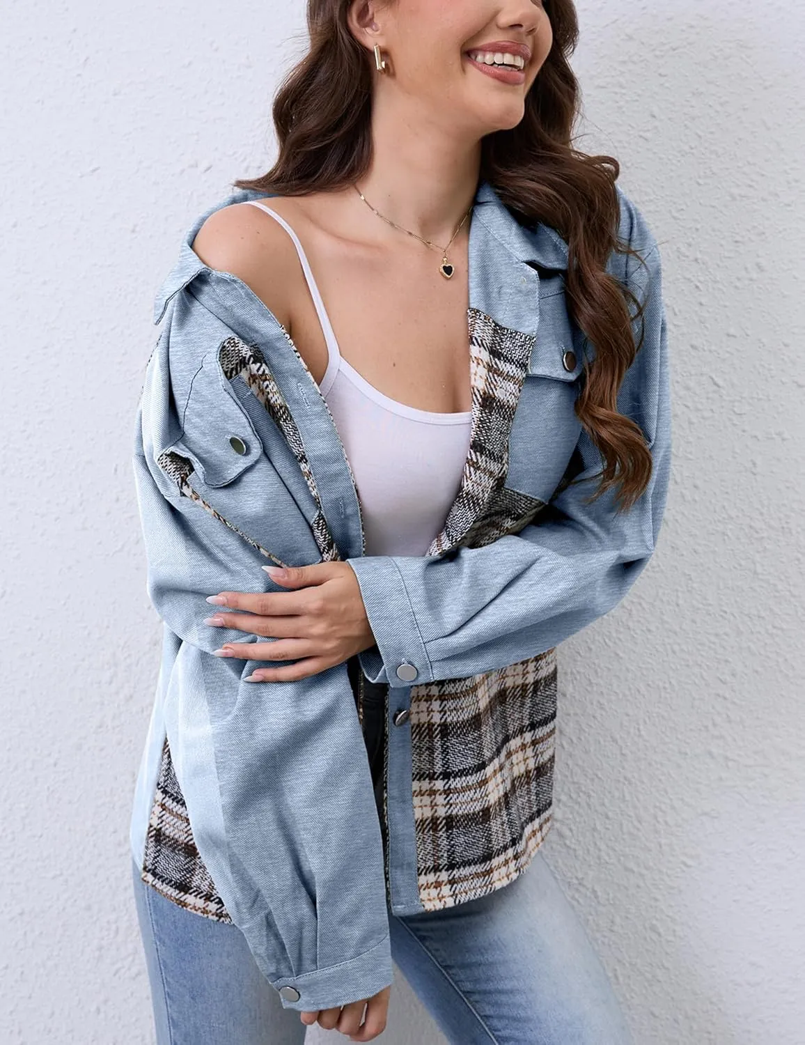 WROLEM Women Shackets Denim Plaid Jacket