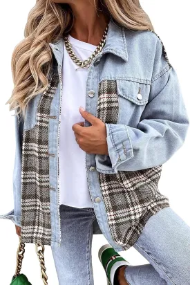 WROLEM Women Shackets Denim Plaid Jacket