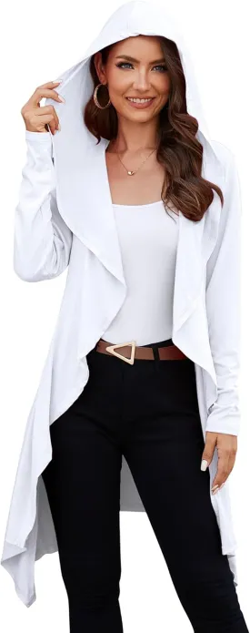 Yekaty Women's Long Hooded Cardigan Sweater Lightweight Ruffle Shawl Collar Drape Cape with Pockets
