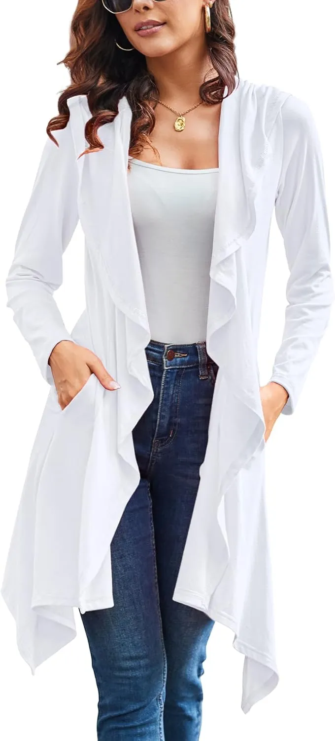 Yekaty Women's Long Hooded Cardigan Sweater Lightweight Ruffle Shawl Collar Drape Cape with Pockets