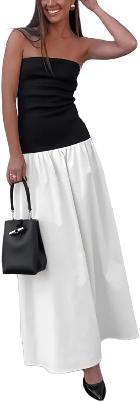 YOXUA Women's Summer Strapless Sleeveless Patchwork A-Line Tube Long Maxi Dress Off Shoulder Beach Maxi Dress