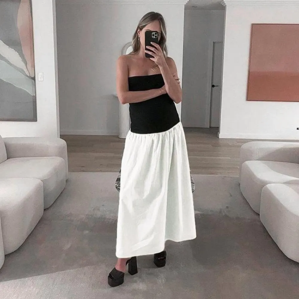 YOXUA Women's Summer Strapless Sleeveless Patchwork A-Line Tube Long Maxi Dress Off Shoulder Beach Maxi Dress
