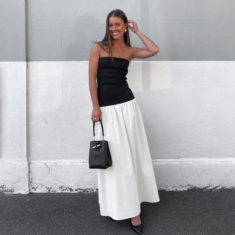 YOXUA Women's Summer Strapless Sleeveless Patchwork A-Line Tube Long Maxi Dress Off Shoulder Beach Maxi Dress