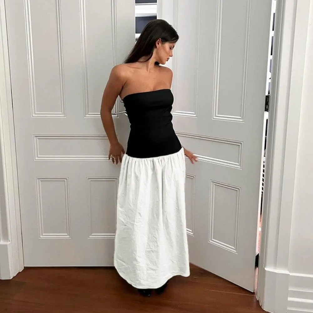 YOXUA Women's Summer Strapless Sleeveless Patchwork A-Line Tube Long Maxi Dress Off Shoulder Beach Maxi Dress