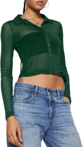 ZANZEA Women's Sexy Mesh Shirt Sheer Button Up Blouse See Through Long Sleeve Crop Top
