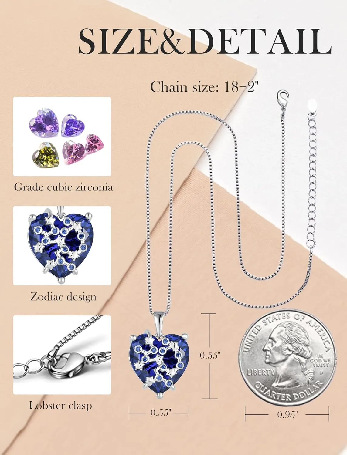 Zodiac Constellation Necklace for Women, 925 Sterling Silver Heart Pendant with Birthstone Astrology Horoscope Jewelry Gifts